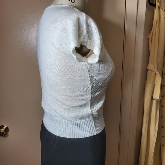 Vintage West German Knit Sweater Top - Waist Length - White  - Cap Sleeves - Picture 4 of 14